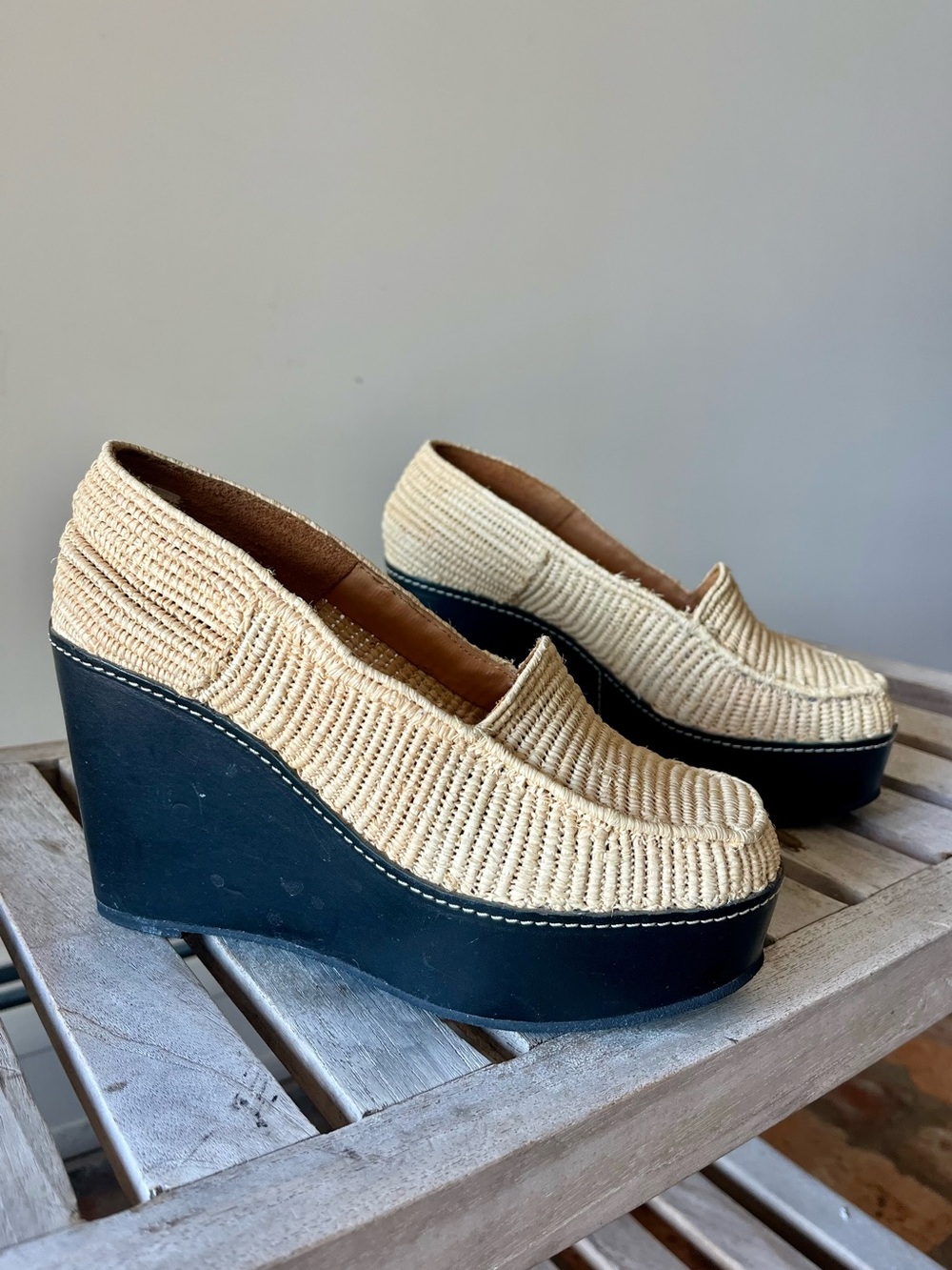 Carven for Robert Clergerie Raffia Platform Wedge Loafers EU 37 Straw Shoes